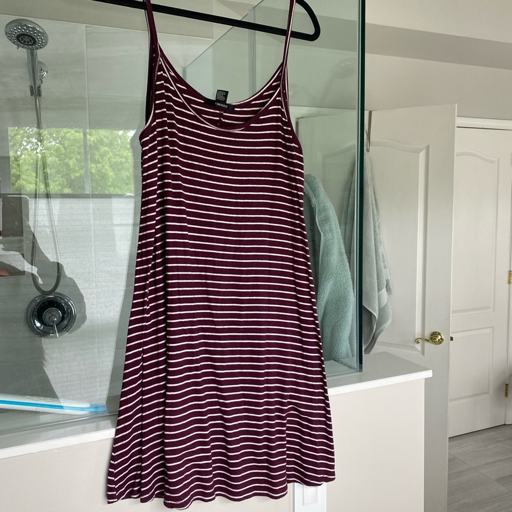Casual maroon striped A line dress. Great for summer time!